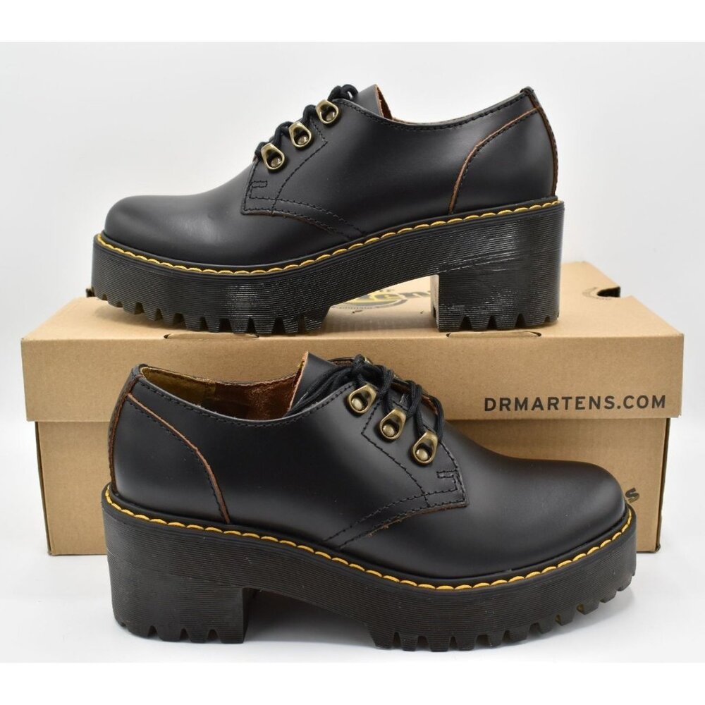 Dr Martens Women 10 Leona Lug Sole Platform Black Vintage Leather Derby Shoes - Picture 11 of 13